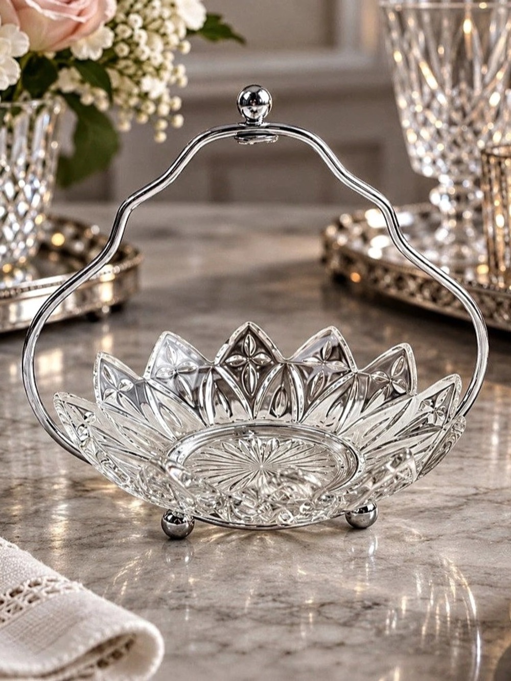 Vintage Federal Glass Petal Condiment Dish Chrome Holder No Spoon